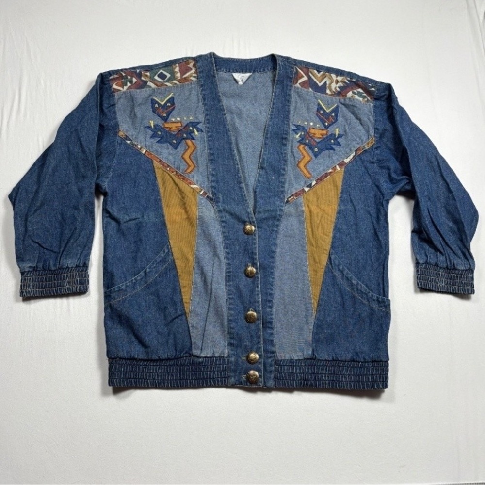 Vintage INFO USA Denim Jacket Southwestern Aztec Western Blue Bomber XL